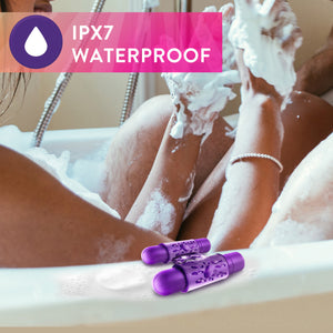 An icon for IPX7 Waterproof, an image of s female in a bubble bath, and on the edge of the tub is the blush Play with Me Double Play Dual Vibrating Cock Ring.