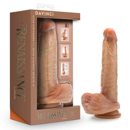 On the left side of the image is the product packaging. Beside the packaging is the product blush Renaissance DaVinci 8" Sliding Foreskin Dildo with Squeezable Balls.