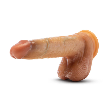 Front side view of the blush Renaissance DaVinci 8" Sliding Foreskin Dildo with Squeezable Balls