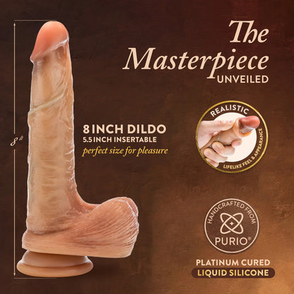 On the left side of the image is a side view of the blush Renaissance DaVinci 8" Sliding Foreskin Dildo with Squeezable Balls, on the left side of the product is measuring 8" in length, and beside 8 inch dildo; 5.5 inch insertable; perfect size for pleasure. The masterpiece unveiled, with product feature icons for Realistic lifelike feel & appearance; Handcrafted from puria platinum cured liquid silicone.