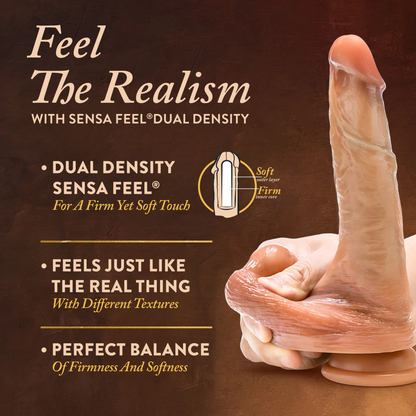 Feel the realism with Sensa feel dual density. Product features: dual density sensa feel for a firm yet soft touch (with a diagram showing the firm material inside, and soft feel outside); Feels just like the real thing with different textures; Perfect balance of firmness and softness. On the right side is an image of th the blush Renaissance DaVinci 8" Sliding Foreskin Dildo with Squeezable Balls standing on its suction cup, and being stretched by the balls.