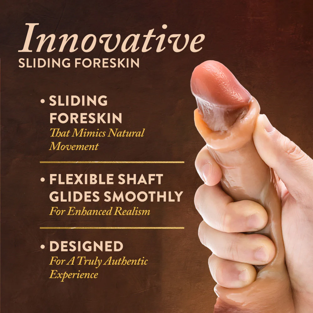 Innovative sliding foreskin. Product features: Sliding foreskin that mimics natural movement; Flexible shaft glides smoothly for enhanced realism; Designed for a truly authentic experience. On the right side of the image is a picture of the blush Renaissance DaVinci 8" Sliding Foreskin Dildo being grabbed at the shaft showing the foreskin detail.