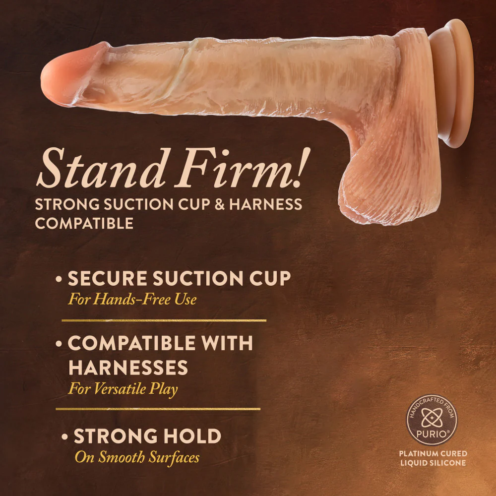 On th top is a side view of the blush Renaissance DaVinci 8" Sliding Foreskin Dildo with Squeezable Balls. Stand Firm! Strong suction cup & Harness compatible: Secure suction cup for hands-free use; Compatible with harness for versatile play; Strong hold on smooth surfaces, and an icon for Handcrafted from purio platinum cured liquid silicone.