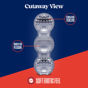 Cutaway view and feature icon for Soft Erotic feel. An image of the blush Rize Feelz Multi-Chambered Stroker: and product features: Stimulating ticklers (pointing to the top of the product); Ribbed for pleasure (Pointing to the middle chamber of the product).