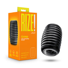 Load image into Gallery viewer, On the left side of the image is the product packaging, and beside is the product, blush Rize Grasp Self Lubricating Stroker.