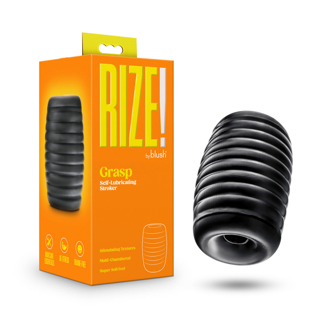 On the left side of the image is the product packaging, and beside is the product, blush Rize Grasp Self Lubricating Stroker.