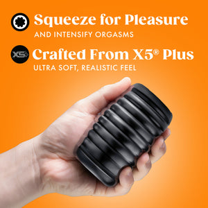 Feature icons for: Squeeze for pleasure and intensify orgasms; Crafted from X5 Plus Ultra soft, realistic feel. Below is a close up image of a men's hand holding the blush Rize Grasp Self Lubricating Stroker, showing the size scale of the product in a human hand.