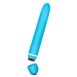 Side view of the blush Rose Luxuriate blue Vibrator, with its battery cap open, showing the placement of the AA batteries.