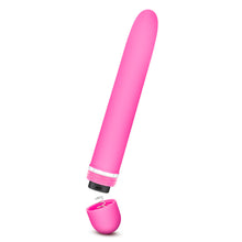 Load image into Gallery viewer, Side view of the blush Rose Luxuriate pink Vibrator, with its battery cap open, showing the placement of the AA batteries.