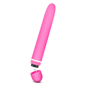 Side view of the blush Rose Luxuriate pink Vibrator, with its battery cap open, showing the placement of the AA batteries.