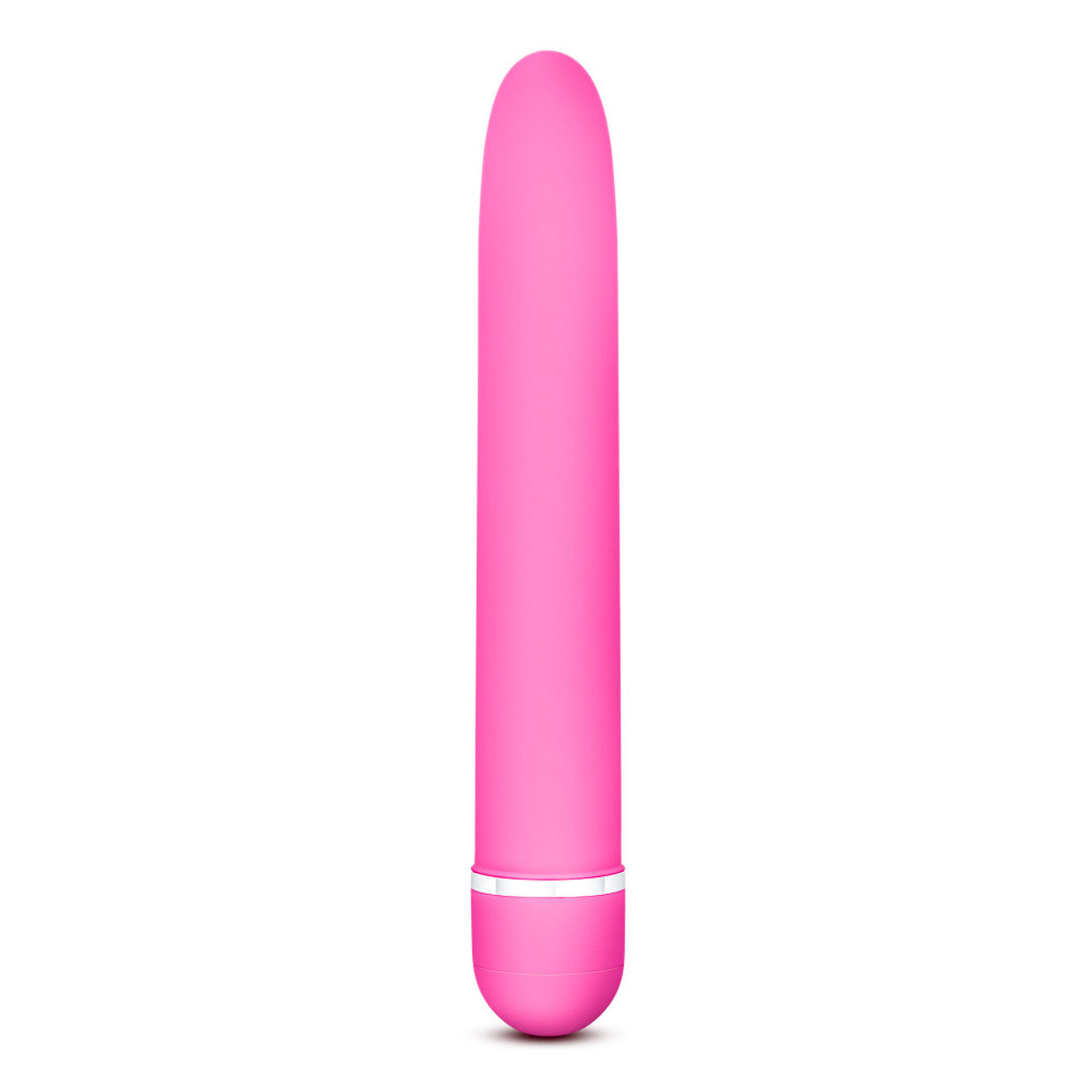 Side view of the blush Rose Luxuriate pink Vibrator, standing on the bottom of it's battery cap.