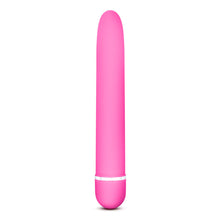 Load image into Gallery viewer, Side view of the blush Rose Luxuriate pink Vibrator, standing on the bottom of it&#39;s battery cap.