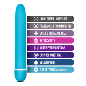 blush Rose Luxuriate Vibrator features: LAB CERTIFIED - BODY SAFE; FRAGRANCE & PARAFFINS FREE; LATEX & PHTHALATE FREE; SATIN SMOOTH; MULTISPEED VIBRATIONS; EASY USE TWIST DIAL; SPLASH PROOF; 2 AA BATTERIES (NOT INCLUDED).