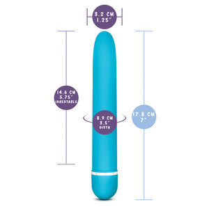 blush Rose Luxuriate Vibrator measurements: Insertable width: 3.2 centimetres / 1.25 inches; Insertable length: 14.6 centimetres / 5.75 inches; Insertable girth: 8.9 centimetres / 3.5 inches; Product length: 17.8 centimetres / 7 inches.