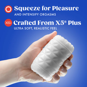 Feature icons for: Squeeze for pleasure and intensify orgasms; Crafted from X5 Plus ultra soft, realistic feel. Below is an image of a man's hand holding the blush Rize! Reakt Self-Lubricating Stroker, to show the size scale of the product.