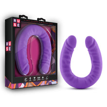 Load image into Gallery viewer, On the left side of the image is the product packaging. On the left side of packaging is the Ruse logo. On the front of the packging is the Ruse logo, product name: 18 Inch Silicone Slim Double Dong, the product fully visible through clear packaging, and on the bottom are product feature icons for: Platinum cured silicone; Satin smooth feel; Ideal for double penetration; Phthalate free; Lab certified - Body safe. Beside the packaging is the product, standing on its U-Shape.