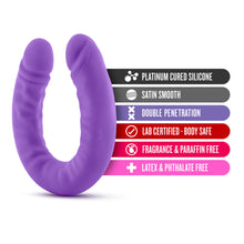 Load image into Gallery viewer, blush Ruse 18 Inch Silicone Slim Double Dong features: PLATINUM CURED SILICONE; SATIN SMOOTH; DOUBLE PENETRATION; LAB CERTIFIED - BODY SAFE; FRAGRANCE &amp; PARAFFIN FREE; LATEX &amp; PHTHALATE FREE.