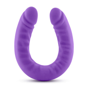 Side view of the blush Ruse 18 Inch Silicone Slim Double Dong, standing on its u-shape.