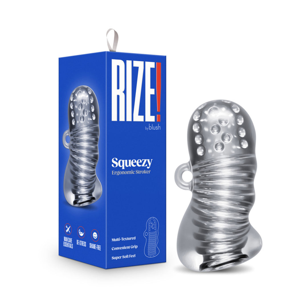 On the left side of the image os the product packaging, and beside the product packaging is the product, blush Rize! Squeezy Ergonomic Stroker.