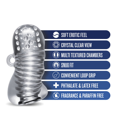 blush Rize! Squeezy Ergonomic Stroker features: SOFT EROTIC FEEL; CRYSTAL CLEAR VIEW; MULTI TEXTURED CHAMBERS; SNUG FIT; CONVENIENT LOOP GRIP; PHTHALATE & LATEX FREE; FRAGRANCE & PARAFFIN FREE.