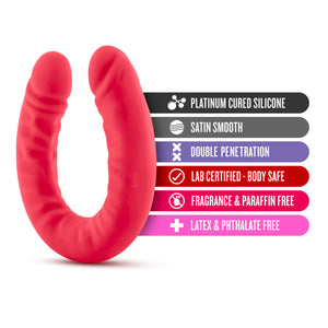 blush Ruse Silicone Thick Double Headed Dildio - 10 Inch features: PLATINUM CURED SILICONE; SATIN SMOOTH; DOUBLE PENETRATION; LAB CERTIFIED - BODY SAFE; C FRAGRANCE & PARAFFIN FREE; LATEX & PHTHALATE FREE.