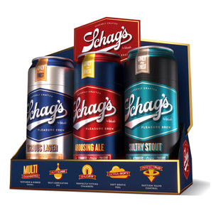 Front view of the 6 pack blush Schag's Beer Can Strokers. With 3 flavours of Lucious Ale, Arousing Ale & Seltry stout, facing front. Product feture icons for: Textured & ribbed canal; Self-lubricating TPE; Perfectly fitting chambers; Soft erotic feel; Suction valve control.