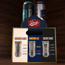Load image into Gallery viewer, A side view of the blush Schag&#39;s 6 pack Beer Can Strokers, standing on an empty upside down case. On the 6 Pack a side view of the Sultry Stout Stroker, and Luscious Lage Stroker. On the case are the cut away views of each stroker included (from base to tip) Luscious Lager: Arise chamber; Apex Chamber; Squeeze Chamber; Exceed Chamber, Arousing Ale: React Chamber; Squeeze Chamber; Apex Chamber, Sultry Stout: Squeeze Chamber; Apex Chamber; Exceed Chamber; Emerge Chamber.