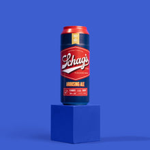 Load image into Gallery viewer, Front side shot of the blush Schag&#39;s Arousing Ale Beer Can Stroker, standing on a blue cube, against a blue background.
