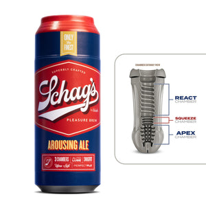 Front of the blush Schag's Arousing Ale Beer Can Stroker. On the top "Only the finest", Schag's logo by blush, "Superbly crafted", "Pleasure Brew", product name: Arousing Ale, and product features at the bottom: 3 Chambers; Auto Lube; Snugfit; Ultra-soft; Perfectflo. On the right side of the image is a cutaway view of the stroker showing the React Chamber, Squeeze Chamber, and the Apex Chamber at the tip.