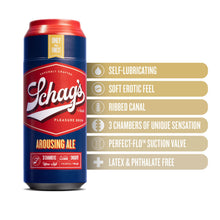 Load image into Gallery viewer, blush Schag&#39;s Arousing Ale  Beer Can Stroker features: SELF-LUBRICATING; SOFT EROTIC FEEL; RIBBED CANAL; 3 CHAMBERS OF UNIQUE SENSATION; PERFECT-FLO™ SUCTION VALVE; LATEX &amp; PHTHALATE FREE.