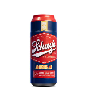 Front of the blush Schag's Arousing Ale Beer Can Stroker. On the top "Only the finest", Schag's logo by blush, "Superbly crafted", "Pleasure Brew", product name: Arousing Ale, and product features at the bottom: 3 Chambers; Auto Lube; Snugfit; Ultra-soft; Perfectflo.