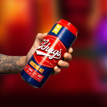 Load image into Gallery viewer, A hand holding the blush Schag&#39;s Arousing Ale Beer Can Stroker from the back showing a size scale of the product.