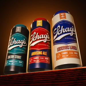 3 variants of blush Schag's Beer Can Strokers ligned up beside each other from left to right: Sultry Stout; Arousing Ale; Luscious Lager.