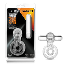 Load image into Gallery viewer, On the left side of the image is the product packaging. On the packaging is the Stay Hard logo, product name: 10 Function Vibrating Tongue Ring, product features: Stimulating ticklers; Intense vibrations; Waterproof, the cock ring and the bullet vibe visible inside through clear packaging, the blush logo on bottom left, and on bottom right corner is the slogan: Perform like a stud. Beside the packaging is the product blush Stay Hard 10 Function Vibrating Tongue Ring, with the bullet inserted in.