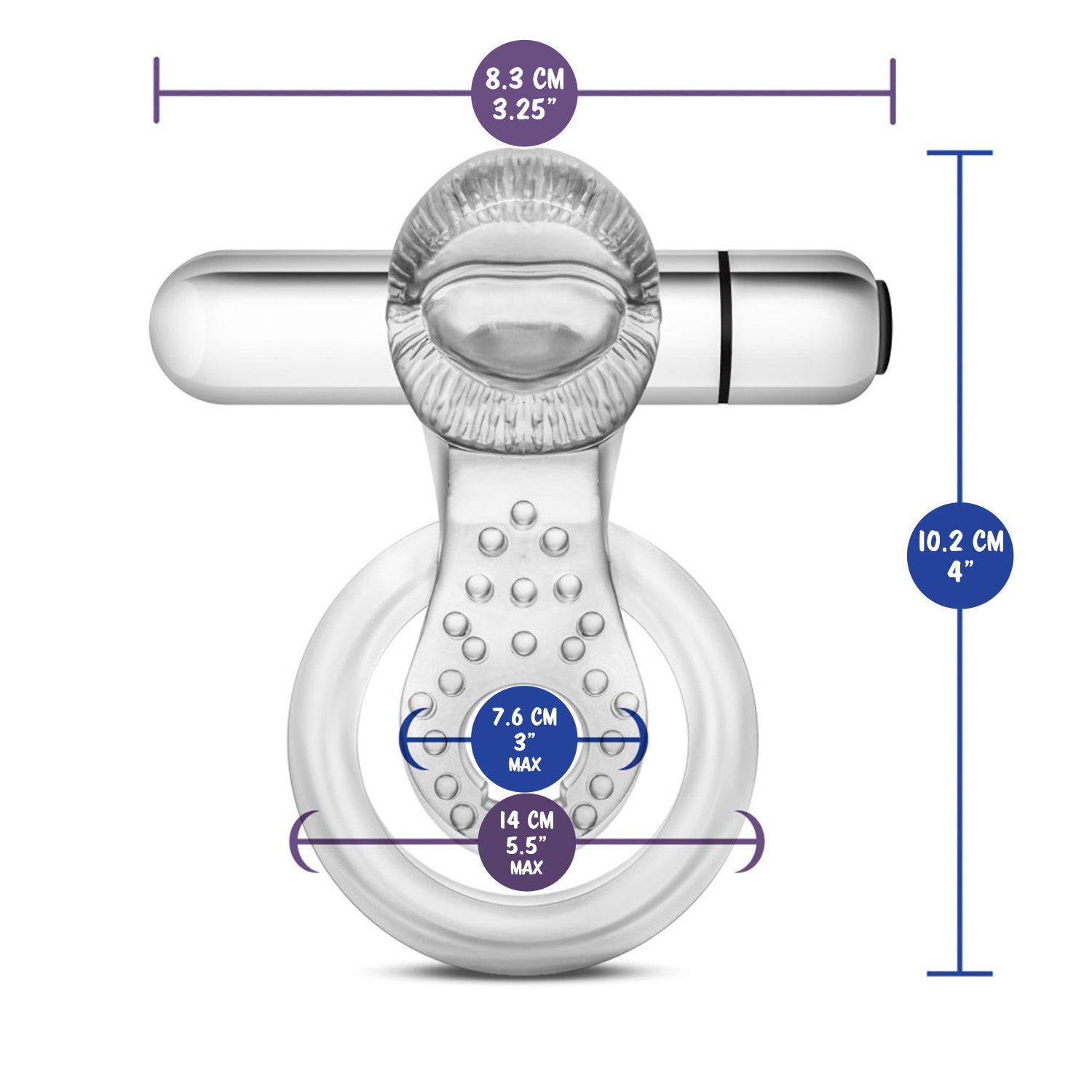 blush Stay Hard 10 Function Vibrating Tongue Ring measurements: Product full width: 8.3 centimetres / 3.25 inches; Product length: 10.2 centimetres / 4 inches; Maximum insertable width Cock Ring: 7.6 centimtres / 3 inches; Maximum Insertable width for ball sack: 14 centimetres / 5.5 inches.