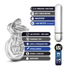 Load image into Gallery viewer, blush Stay Hard 10 Function Vibrating Tongue Ring bullet features: 10 VIBRATING FUNCTIONS; SOFT TOUCH BUTTON; WATERPROOF; I AAA BATTERY (NOT INCLUDED). Cock Ring features: LAB CERTIFIED - BODY SAFE; FRAGRANCE FREE; LATEX &amp; PHTHALATE FREE; HYPOALLERGENIC; STRONG &amp; STRETCHY; WATERPROOF. An icon for 3 In 1 Toy: Bullet + Ring, bullet, Ring.