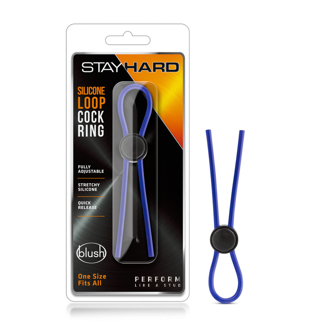 On the eft side of the image is the product packaging. On the packaging is the Stay Hard logo, produt name: Silicone Loop Cock Ring, product features: Fully adjustable; Stretchy silicone; Quick release; One Size fits all, the blush logo, the product inside is visible in the middle through clesr packaging, and on the bottom right is the slogan: Perform like a stud. Beside the packaging is the product blush Stay Hard Silicone Loop Cock Ring.