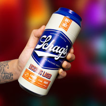 Load image into Gallery viewer, A hand holding the blush Schag&#39;s Luscious Lager Beer Can Stroker from the back showing a size scale of the product.