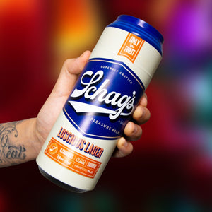 A hand holding the blush Schag's Luscious Lager Beer Can Stroker from the back showing a size scale of the product.