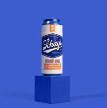 Load image into Gallery viewer, Front view of the blush Schag&#39;s Luscious Lager Beer Can Stroker, standing on a blue cube, angainst a blue background.