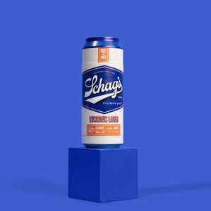 Front view of the blush Schag's Luscious Lager Beer Can Stroker, standing on a blue cube, angainst a blue background.
