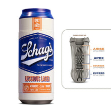 Load image into Gallery viewer, Front of the blush Schag&#39;s Luscious Lager Beer Can Stroker. On the top &quot;Only the finest&quot;, Schag&#39;s logo by blush, &quot;Superbly crafted&quot;, &quot;Pleasure Brew&quot;, product name: Luscious Lager, and product features at the bottom: 4 Chambers; Auto Lube; Snugfit; Ultra-soft; Perfectflo. On the right side of the image is a cutaway view of the stroker showing the Arise Chamber, Apex Chamber, Squeeze Chamber, and Exceed Chamber at the tip.