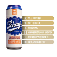 Load image into Gallery viewer, blush Schag&#39;s Luscious Lager Beer Can Stroker features: SELF-LUBRICATING; SOFT EROTIC FEEL; RIBBED CANAL; 4 CHAMBERS OF UNIQUE SENSATION; PERFECT-FLO™ SUCTION VALVE; LATEX &amp; PHTHALATE FREE.