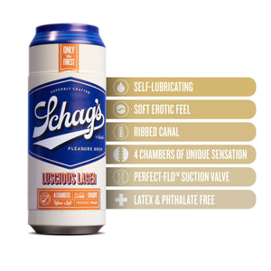 blush Schag's Luscious Lager Beer Can Stroker features: SELF-LUBRICATING; SOFT EROTIC FEEL; RIBBED CANAL; 4 CHAMBERS OF UNIQUE SENSATION; PERFECT-FLO™ SUCTION VALVE; LATEX & PHTHALATE FREE.