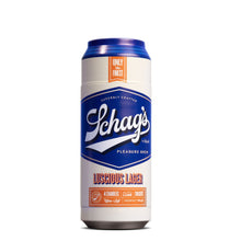 Load image into Gallery viewer, Front of the blush Schag&#39;s Luscious Lager Beer Can Stroker. On the top &quot;Only the finest&quot;, Schag&#39;s logo by blush, &quot;Superbly crafted&quot;, &quot;Pleasure Brew&quot;, product name: Luscious Lager, and product features at the bottom: 4 Chambers; Auto Lube; Snugfit; Ultra-soft; Perfectflo.