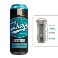Charger l&#39;image dans la galerie, Front of the blush Schag&#39;s Sultry Stout Beer Can Stroker. On the top &quot;Only the finest&quot;, Schag&#39;s logo by blush, &quot;Superbly crafted&quot;, &quot;Pleasure Brew&quot;, product name: Sultry Stout, and product features at the bottom: 4 Chambers; Auto Lube; Snugfit; Ultra-soft; Perfectflo. On the right side of the image is a cutaway view of the stroker showing the Squeeze Chamber, Apex Chamber, Exceed Chamber, and Emerge Chamber at the tip.