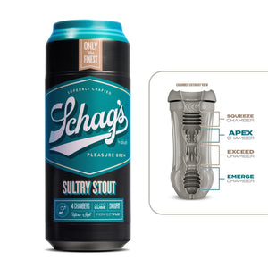Front of the blush Schag's Sultry Stout Beer Can Stroker. On the top "Only the finest", Schag's logo by blush, "Superbly crafted", "Pleasure Brew", product name: Sultry Stout, and product features at the bottom: 4 Chambers; Auto Lube; Snugfit; Ultra-soft; Perfectflo. On the right side of the image is a cutaway view of the stroker showing the Squeeze Chamber, Apex Chamber, Exceed Chamber, and Emerge Chamber at the tip.