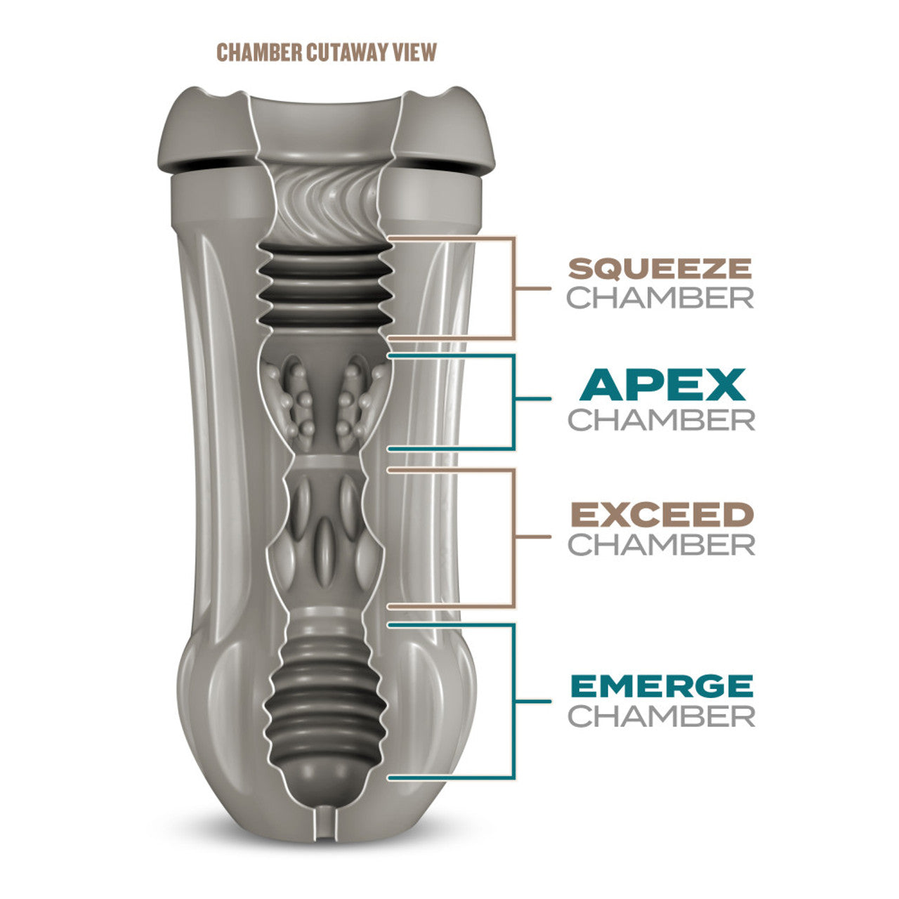 lush Schag's Sultry Stout Beer Can Stroker's Chamber Cutaway View (from Base to tip): Squeeze Chamber; Apex Chamber; Exceed Chamber; Emerge Chamber.