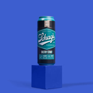 Front of the blush Schag's Sultry Stout Beer Can Stroker, standing on a blue cube, against a blue background