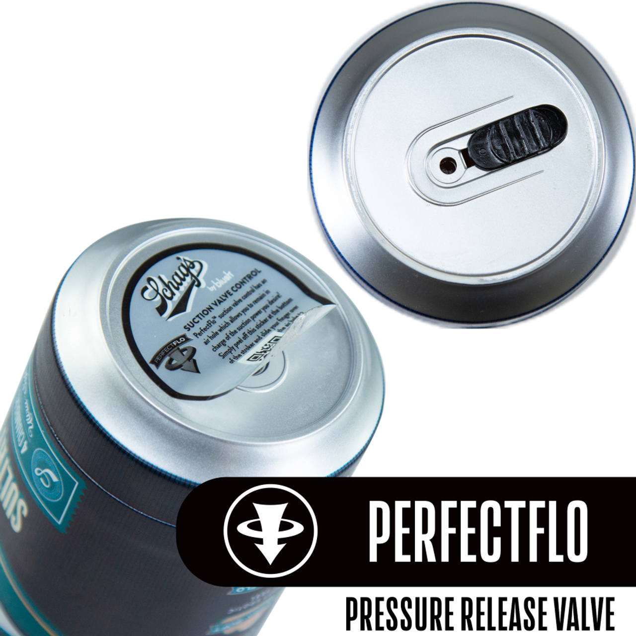 Close up at the bottom of the blush Schag's Sultry Stout  Beer Can Stroker, showing the Perfectflo Pressure release valve.